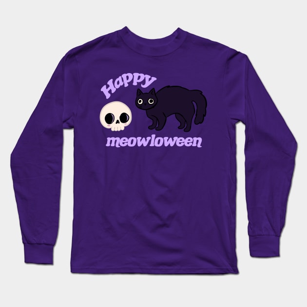 Happy meowloween a cute black cat with a skull Long Sleeve T-Shirt by Yarafantasyart